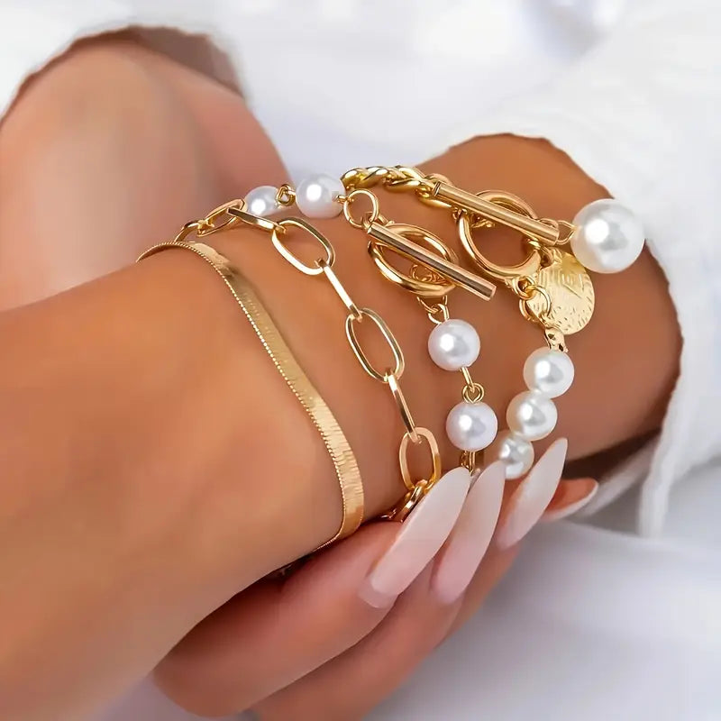 Chic 4-Piece Gold Bracelet Set – Snake Chain, Pearls & Links