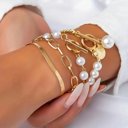 Chic 4-Piece Gold Bracelet Set – Snake Chain, Pearls & Links