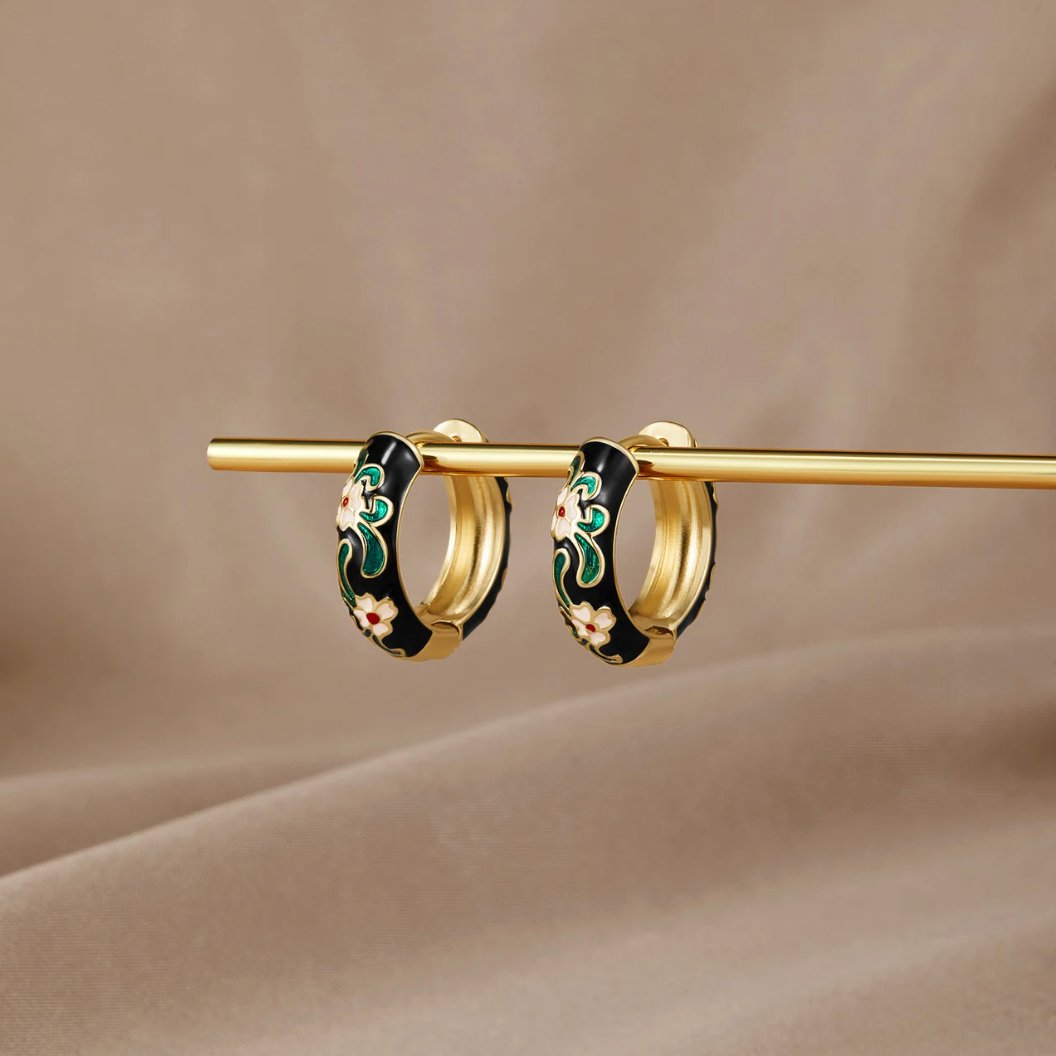 Black Gold Flower Hoops