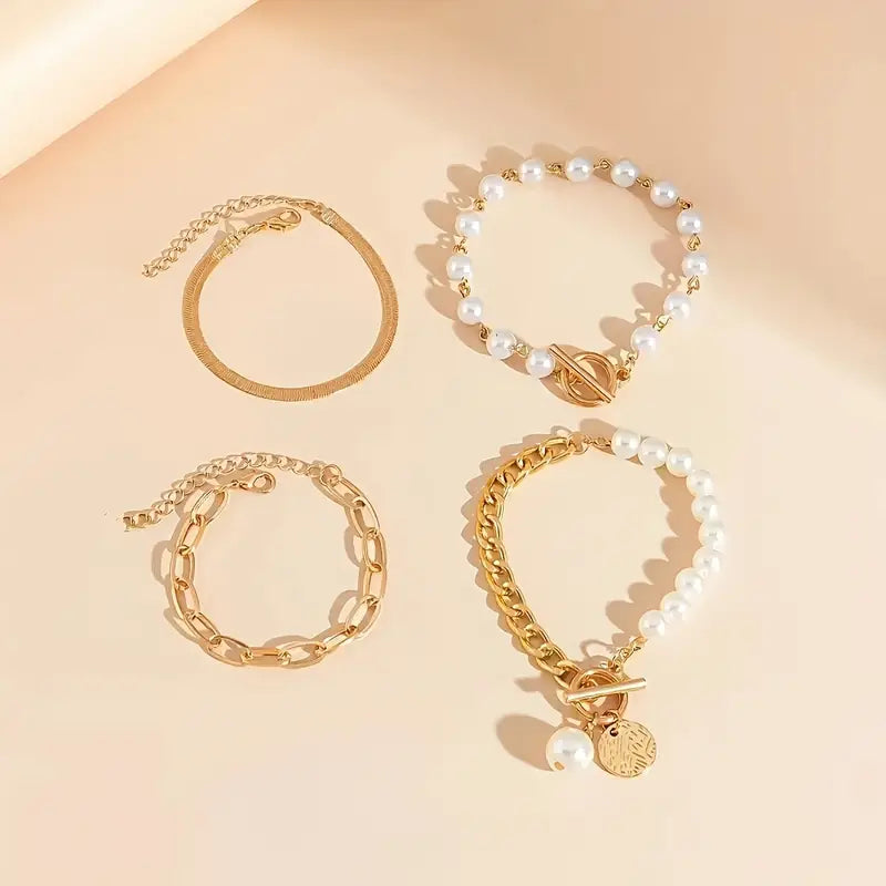 Chic 4-Piece Gold Bracelet Set – Snake Chain, Pearls & Links