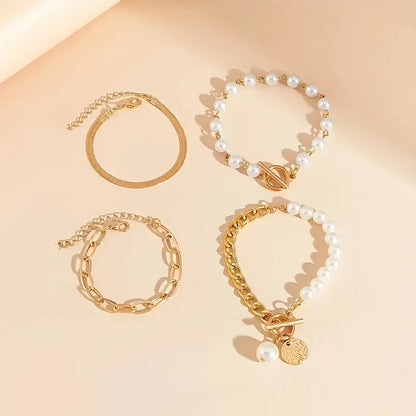 Chic 4-Piece Gold Bracelet Set – Snake Chain, Pearls & Links