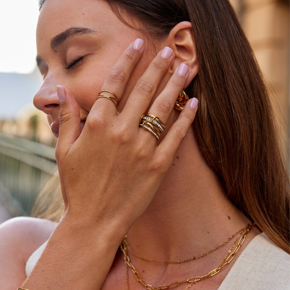 Gold Link Crystal Ring Set