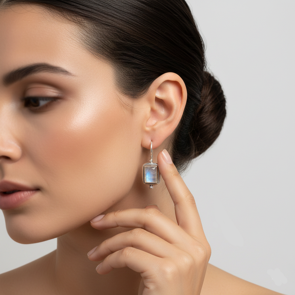 Vintage Square Moonstone Drop Earrings
